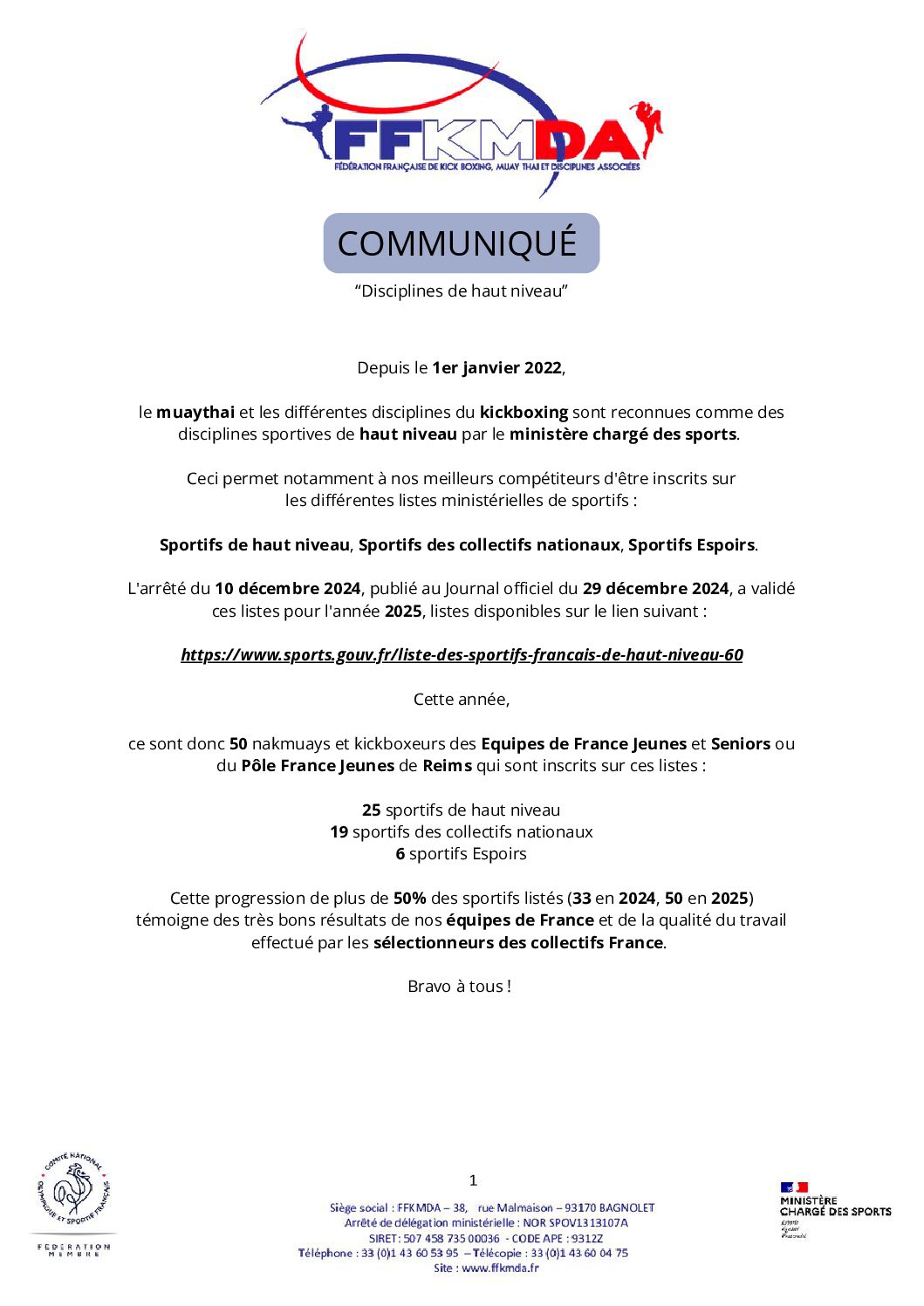 Communiqué : « Disciplines de Haut-Niveau »