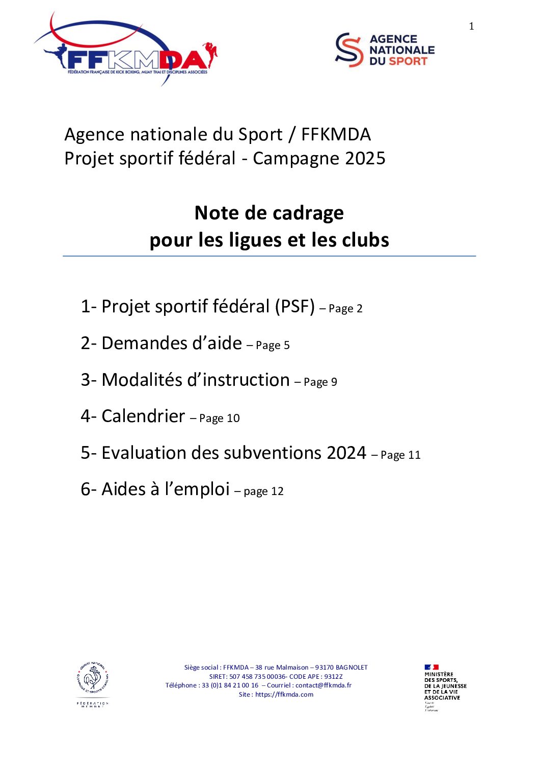 Agence National du Sport- FFKMDA : Campagne 2025 du projet sportif fédéral (subventions aux ligues et aux clubs)