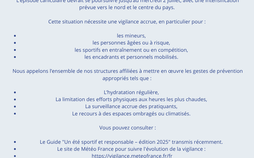  Alerte Canicule – Message à l’attention de tous les clubs et structures affiliées