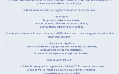  Alerte Canicule – Message à l’attention de tous les clubs et structures affiliées